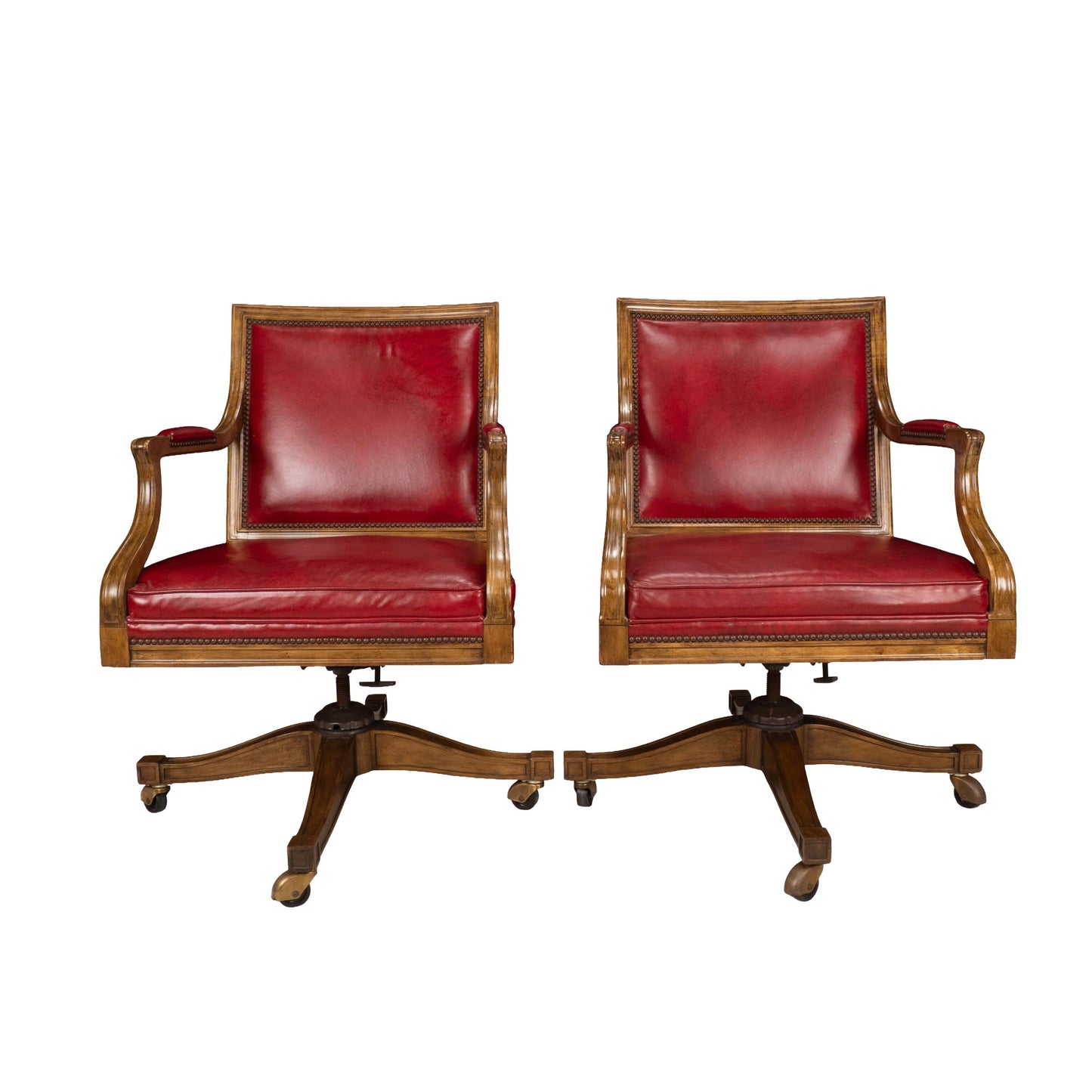 Pair of Baker Furniture Rolling Executive Chairs in Carved Wood & Burgundy Vinyl Upholstery