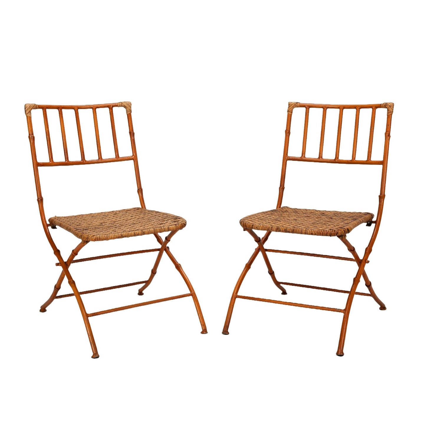 Mid Century Pair of French Iron Faux Bamboo & Wicker Folding Chairs - Boho Chic Unique Statement Pieces, Elegant Design, USA Shipping Avail.