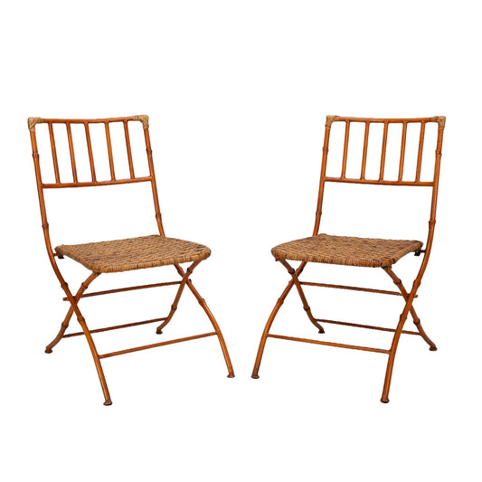 Mid Century Pair of French Iron Faux Bamboo & Wicker Folding Chairs - Boho Chic Unique Statement Pieces, Elegant Design, USA Shipping Avail.