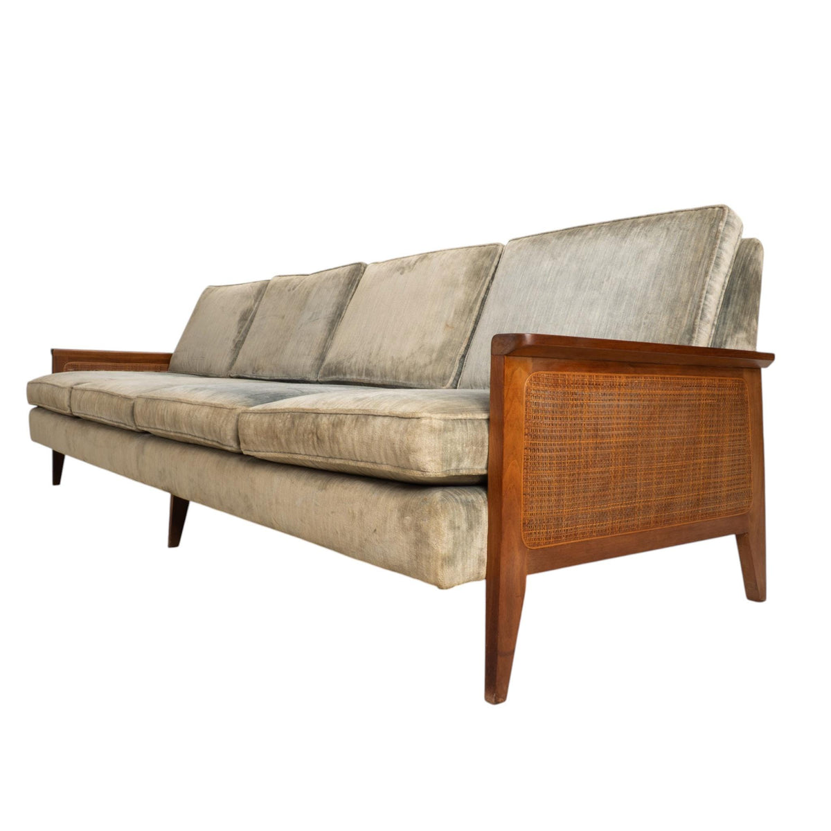 1960s Mid Century Modern 101" Caned Walnut Velvet Sofa for Reupholstery