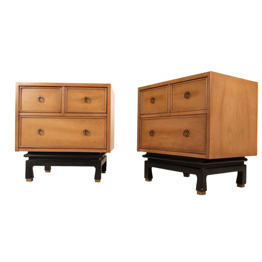 Pair of American of Martinsville Nightstands – Asian Inspired Blonde Walnut, Mid Century Modern 3-Drawer Side Tables, Vintage MCM