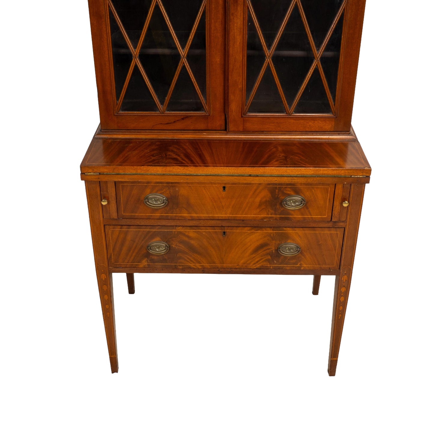 Late 19th Century Flame Mahogany Secretary Desk Bookcase, Antique Drop Front Desk