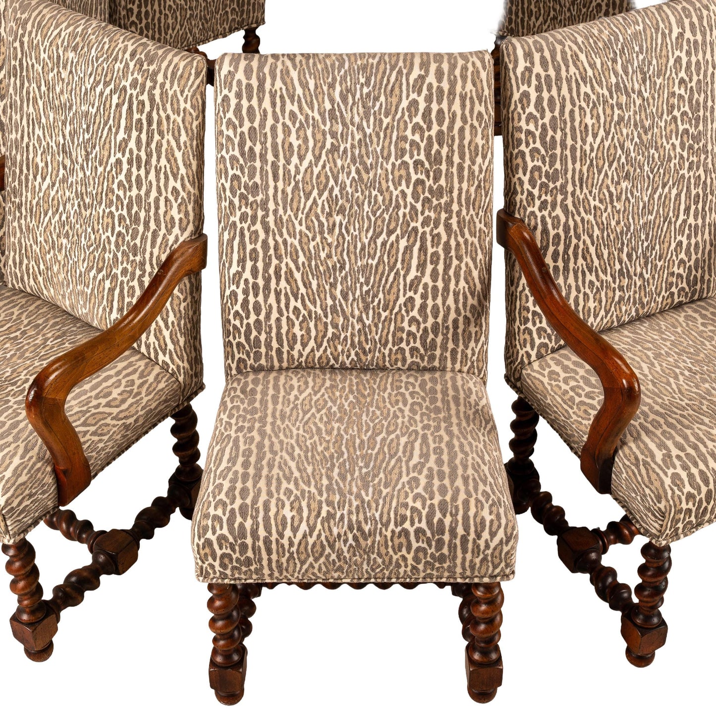 Jacobean Style Barley Twist Dining Chairs in Leopard Print Upholstery – Set of 10