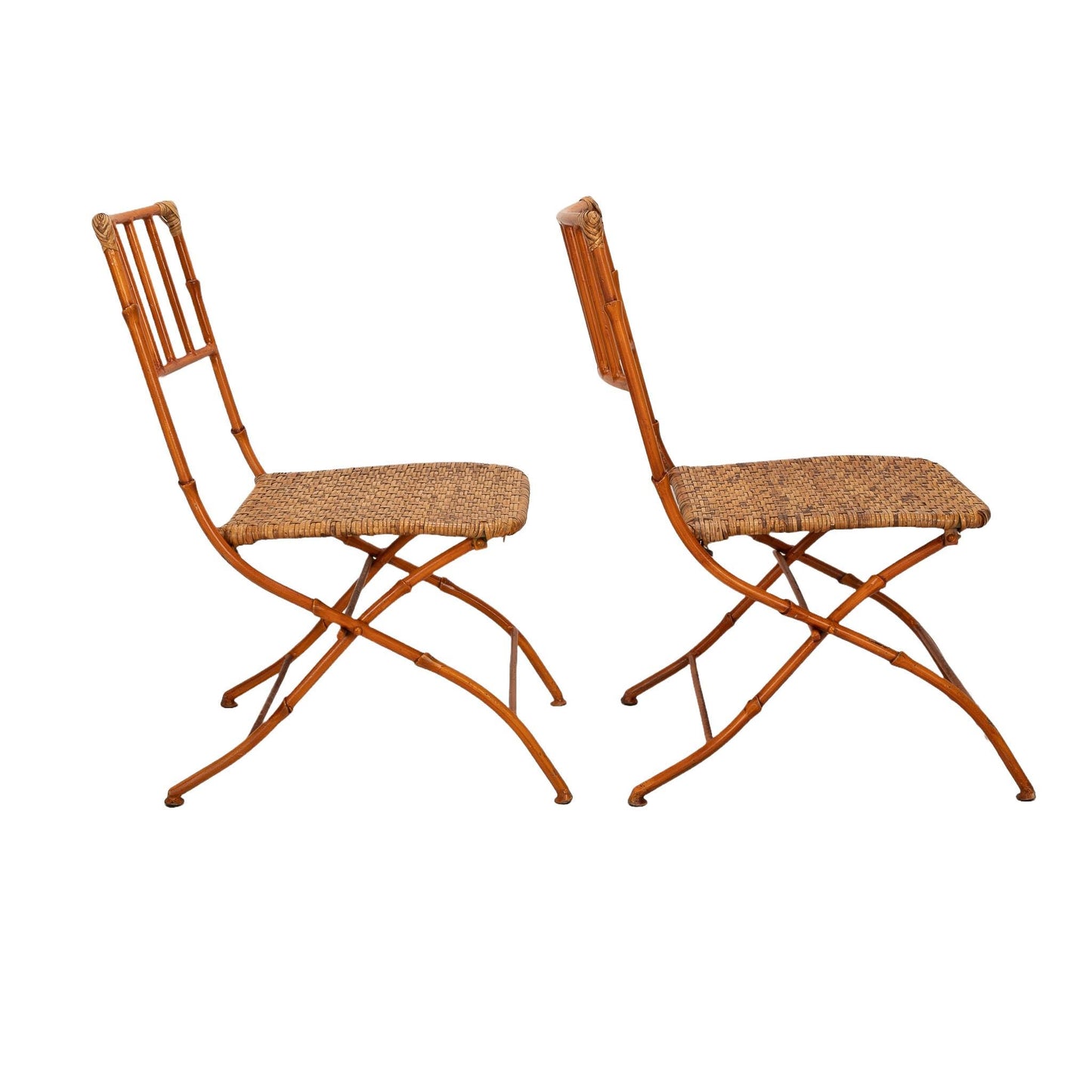 Mid Century Pair of French Iron Faux Bamboo & Wicker Folding Chairs - Boho Chic Unique Statement Pieces, Elegant Design, USA Shipping Avail.