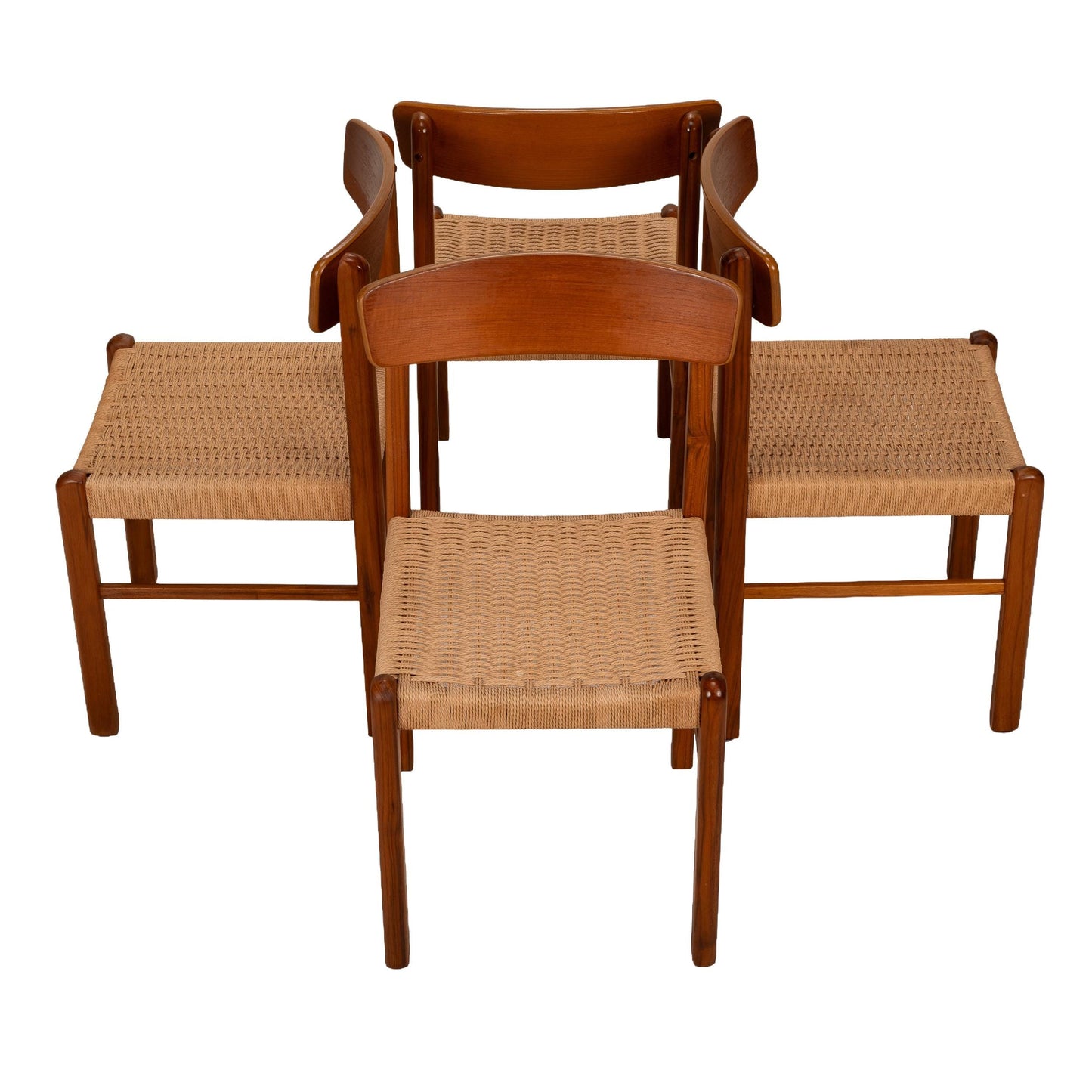 Scandinavian Modern Style Sun Cabinet Teak Dining Chairs W/ Paper Cord Seats - Set of 4