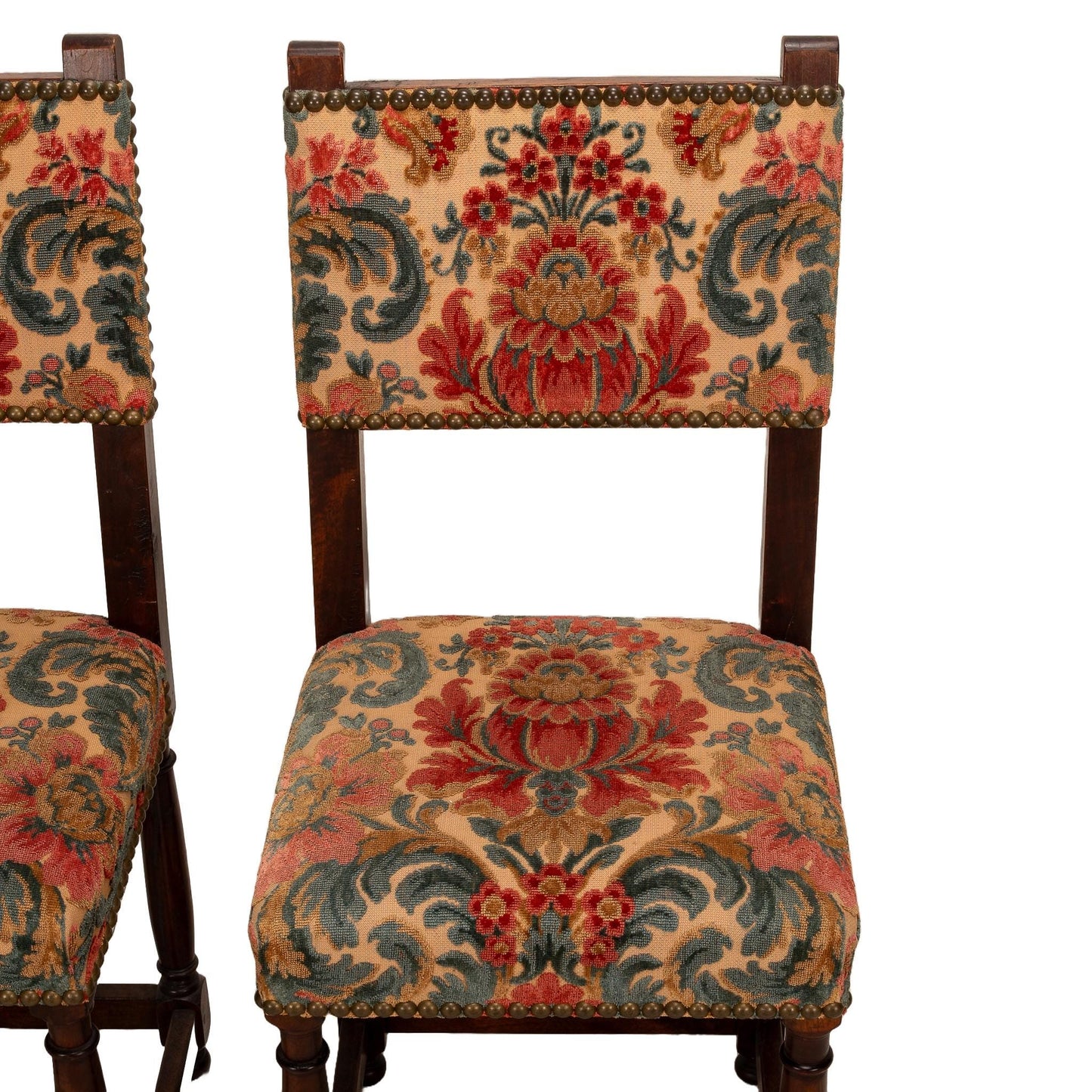 Antique French Walnut Baroque Cut Velvet Studded Floral Side Chairs - A Pair , Gorgeous French Antiques, High End Statement Piece
