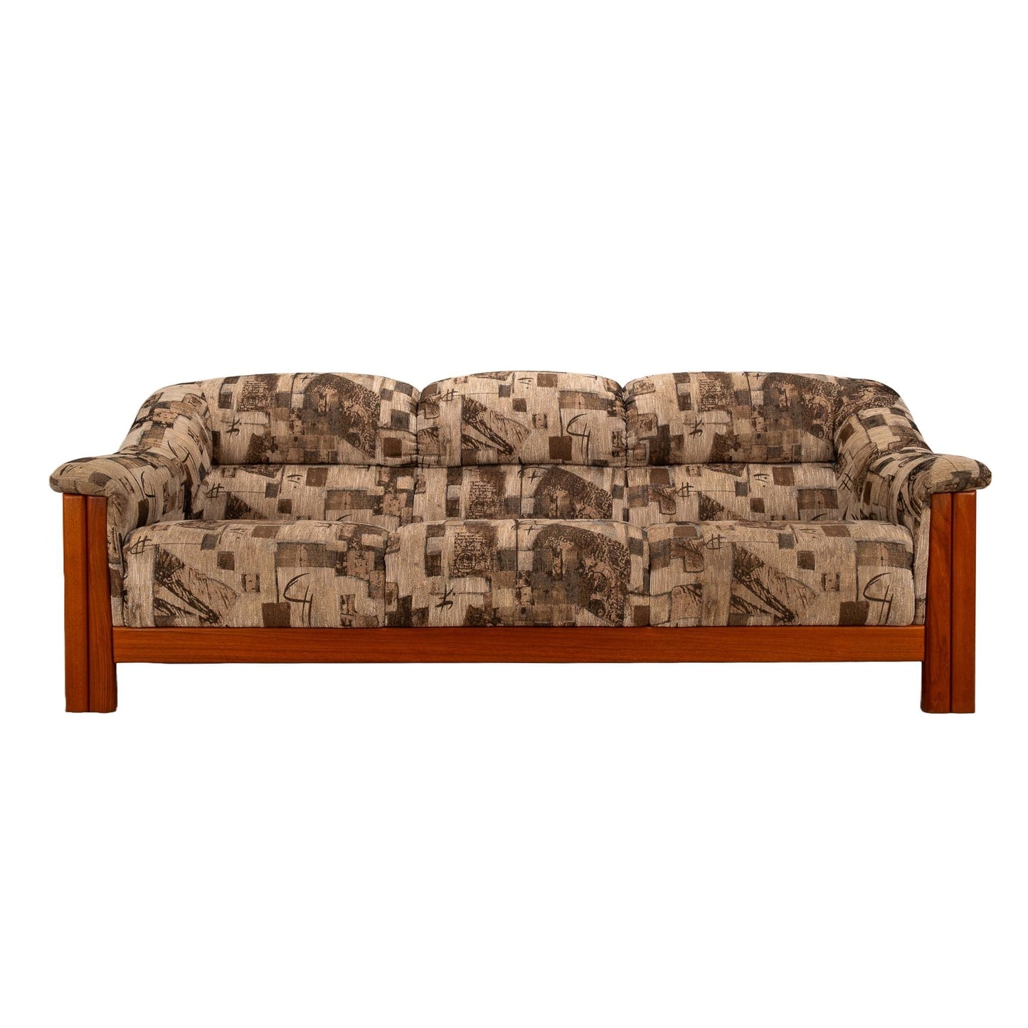 1980s Scandinavian Mid Century Modern Style Teak Upholstered Sofa Postmodern Print Fabric Statement Piece Unique Furniture