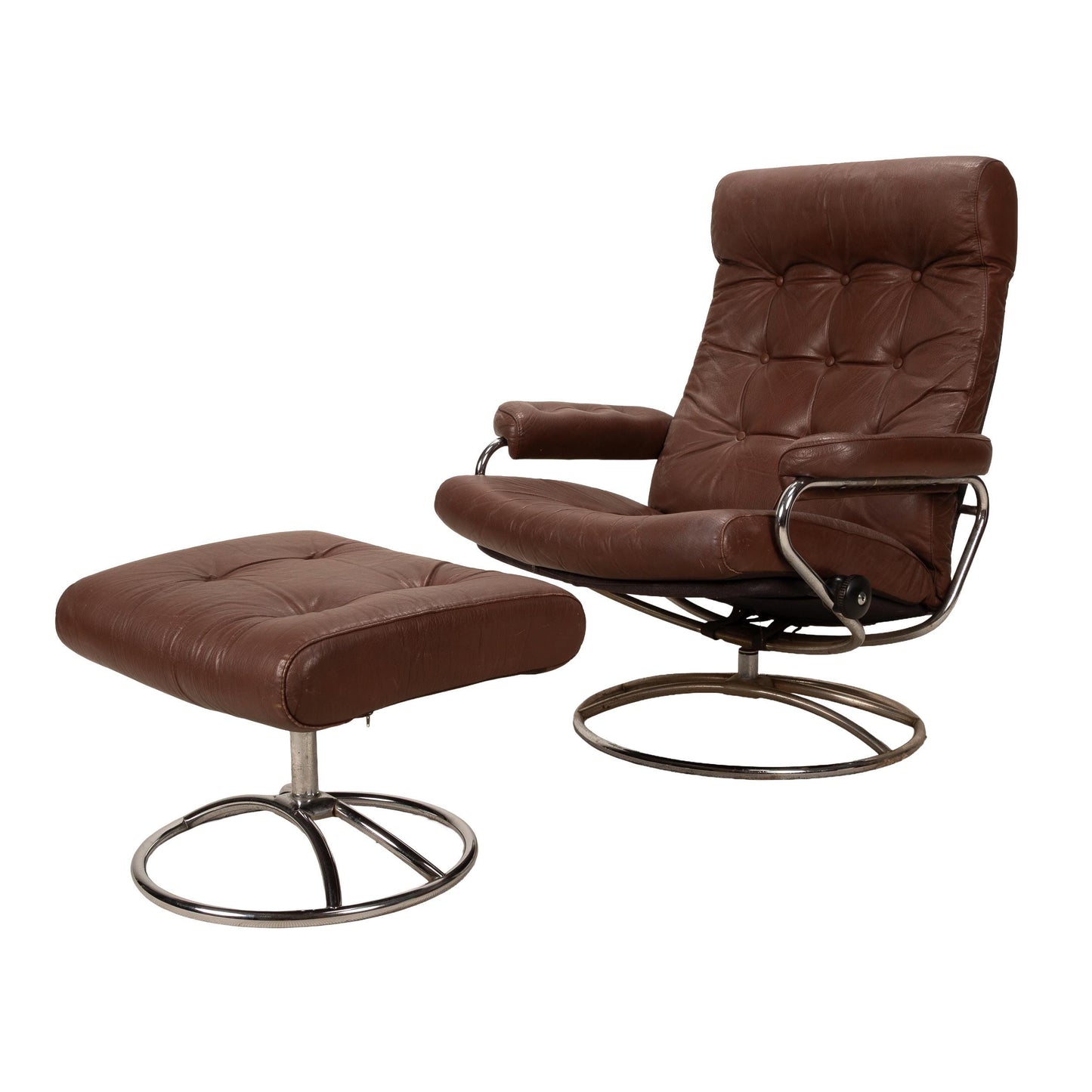 1970s Vintage Ekornes Stressless Recliner & Ottoman in Brown Leather With Chrome Retro Base
