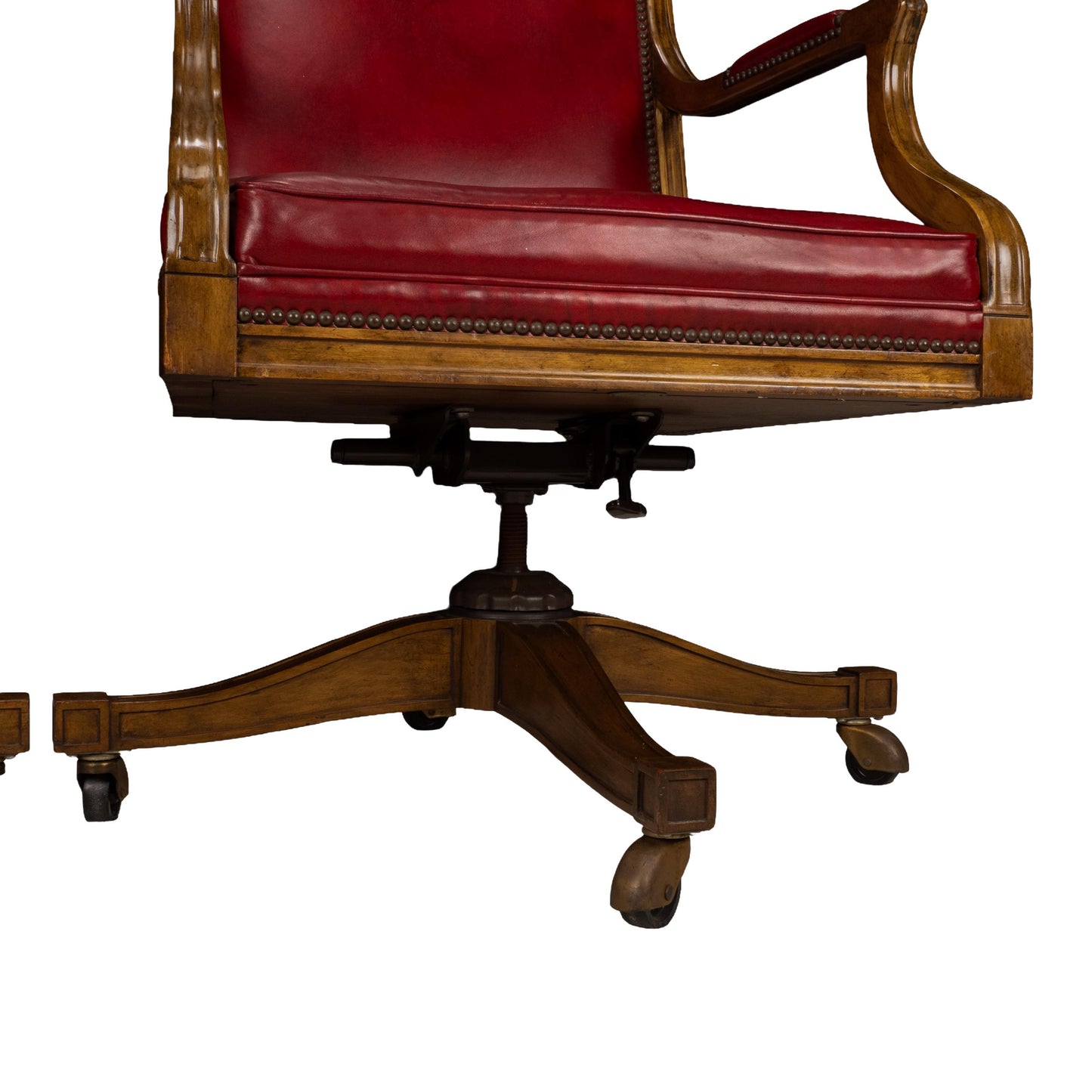 Pair of Baker Furniture Rolling Executive Chairs in Carved Wood & Burgundy Vinyl Upholstery