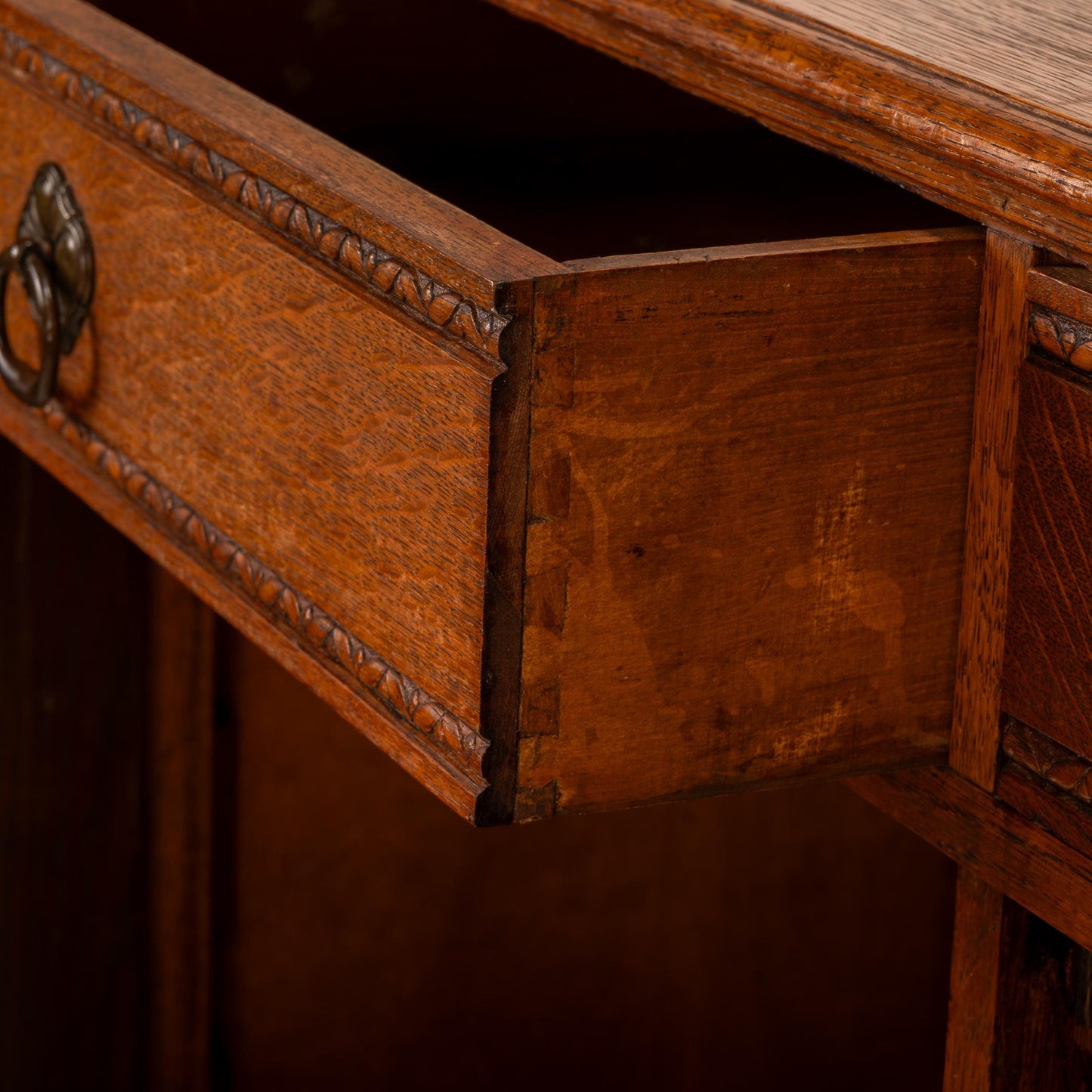 1940s English Jacobean Style Carved Tiger Oak Sideboard Buffet Credenza | Antique Server Cabinet | Vintage Dining Room Furniture