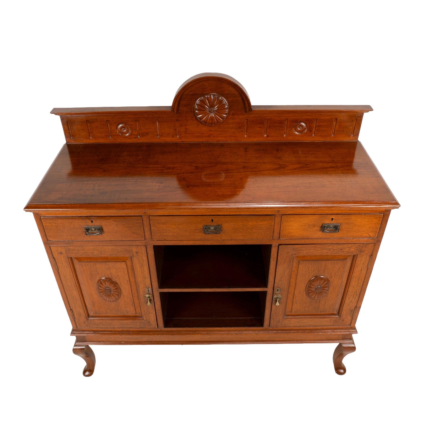 English Edwardian Oak Sideboard Buffet Server Carved Sunflower Motif Cabinet