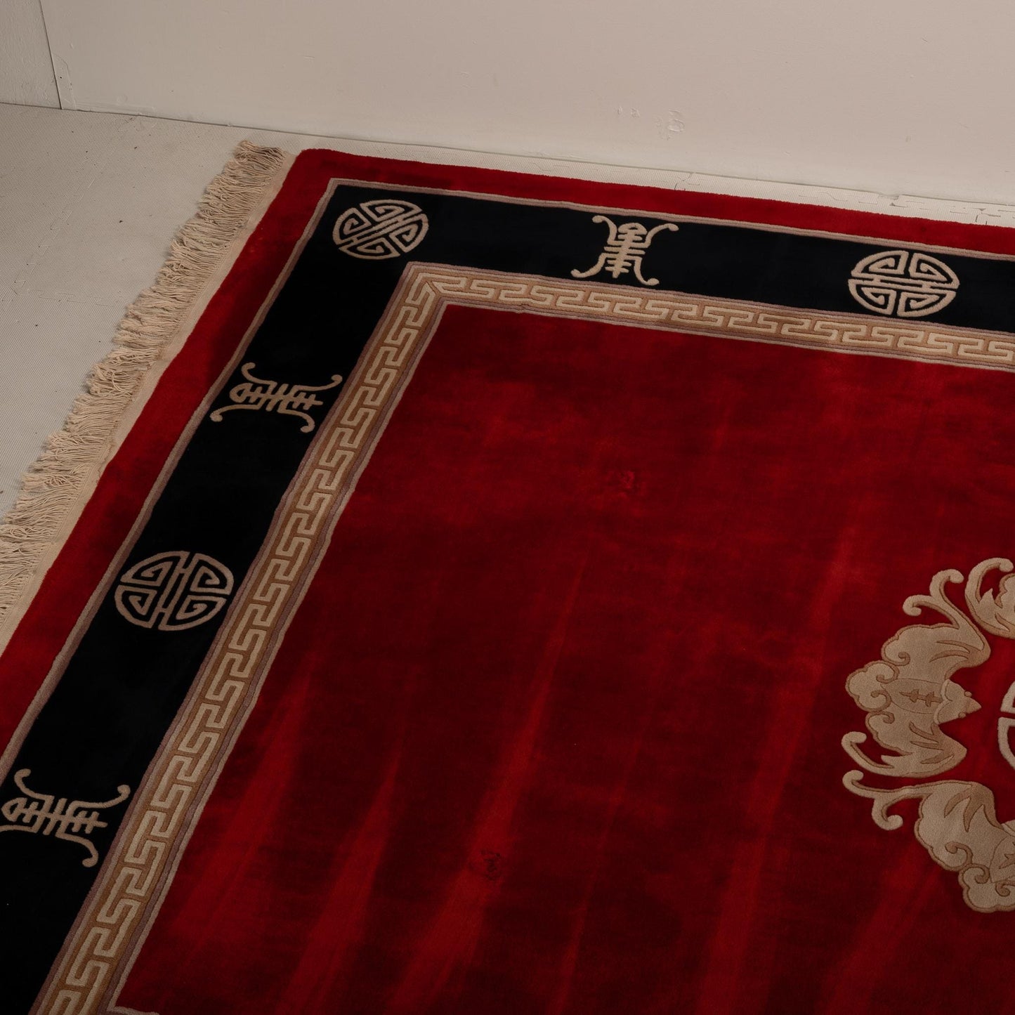 Vintage Chinese Art Deco Aubusson Rug 8.5x11.5' Red & Black Asian Style 100% Wool Hand Made Shou Symbol Thick Pile Carpet, A Beauty!