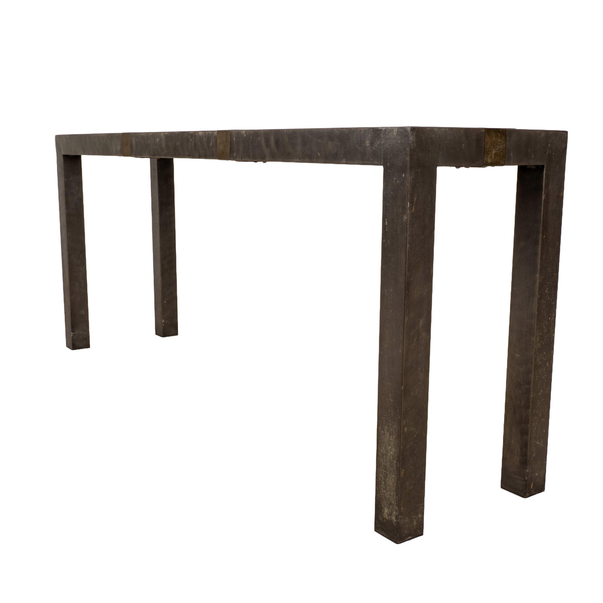 Vintage Brutalist Iron, Brass & Wood Console Table W/ Thick Beveled Glass Insert