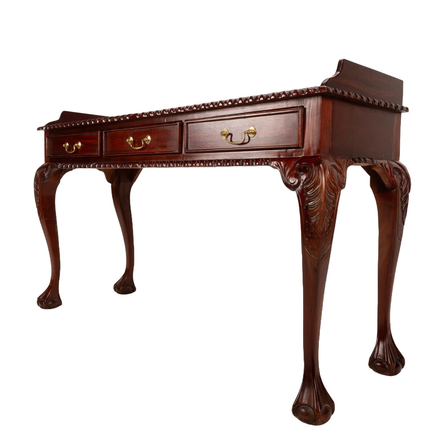 1940s Mahogany Chippendale Ball & Claw 3 Drawer Writing Desk/ Sofa Table , Elegant Carved Table, Baroque Console, Deep Wood Tones,