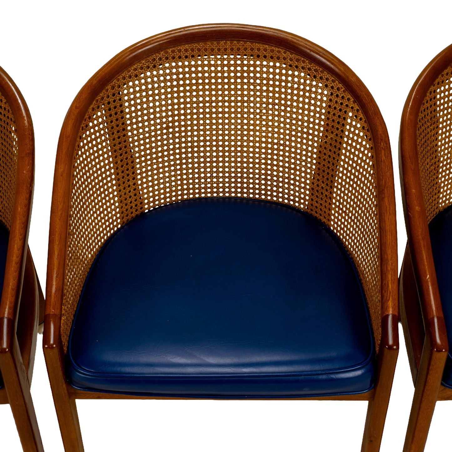 Set of 4 Bent Oak & Cane Tub Chairs on Casters W/ Royal Blue Cushions in the Manner of Ward Bennett