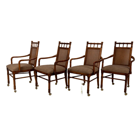 Vintage Stanley Furniture Co. Faux Bamboo Cane Back Rolling Arm Chairs - Set of 4 , Boho Tropical Beach Style, USA Shipping Available