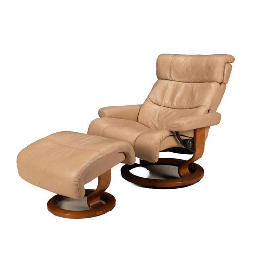 Ekornes Stressless Savannah Recliner & Ottoman Large Tan Leather Teak Base Vintage Norwegian Chair Mid Century Modern Lounger Norway