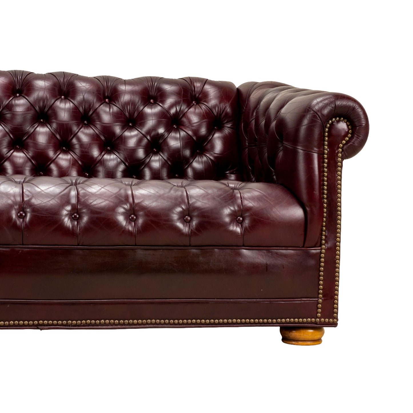 Vintage 1970s Tufted English Chesterfield Style Burgundy Leather Sofa 76"