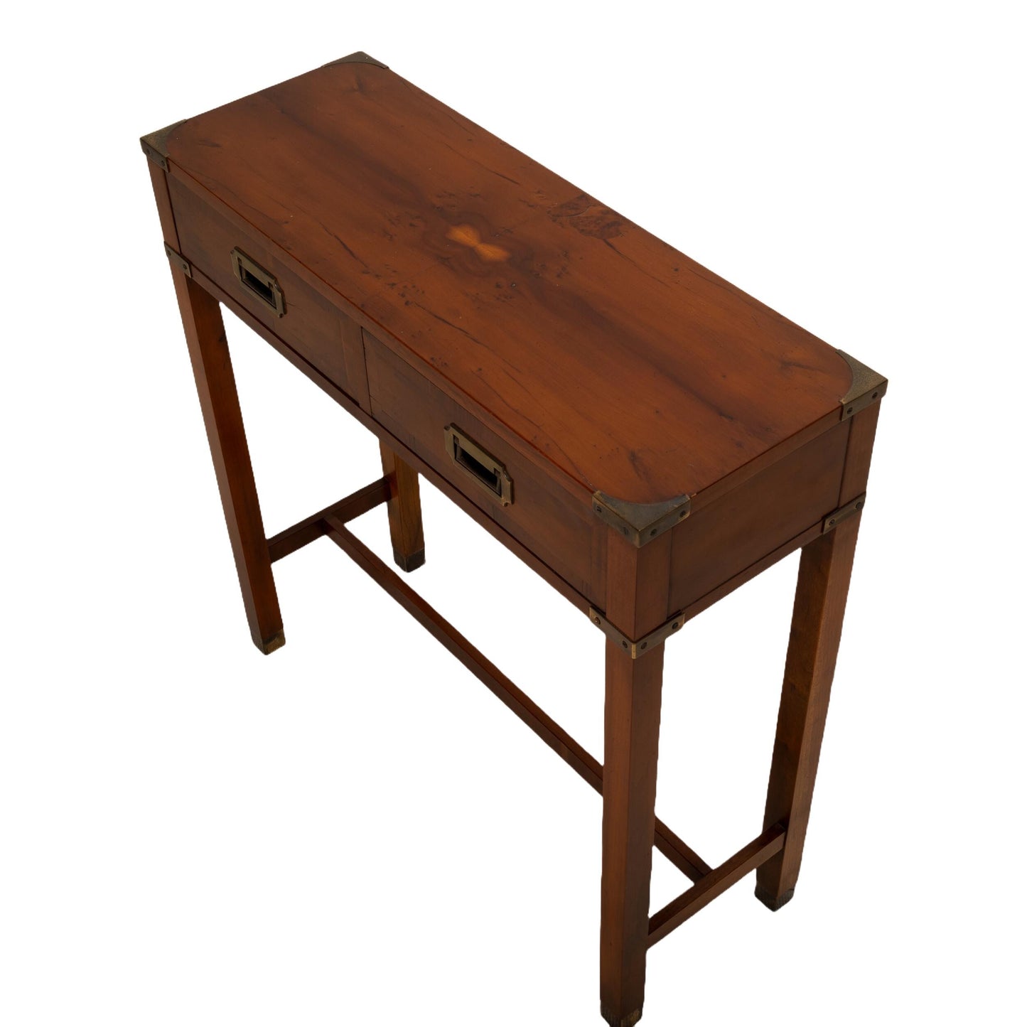 Vintage "Yew Tree" Campaign Style Console Table by Hekman , Hallway / Entry / Bedroom / Closet Table Unique Veneer Pattern Brass Hardware