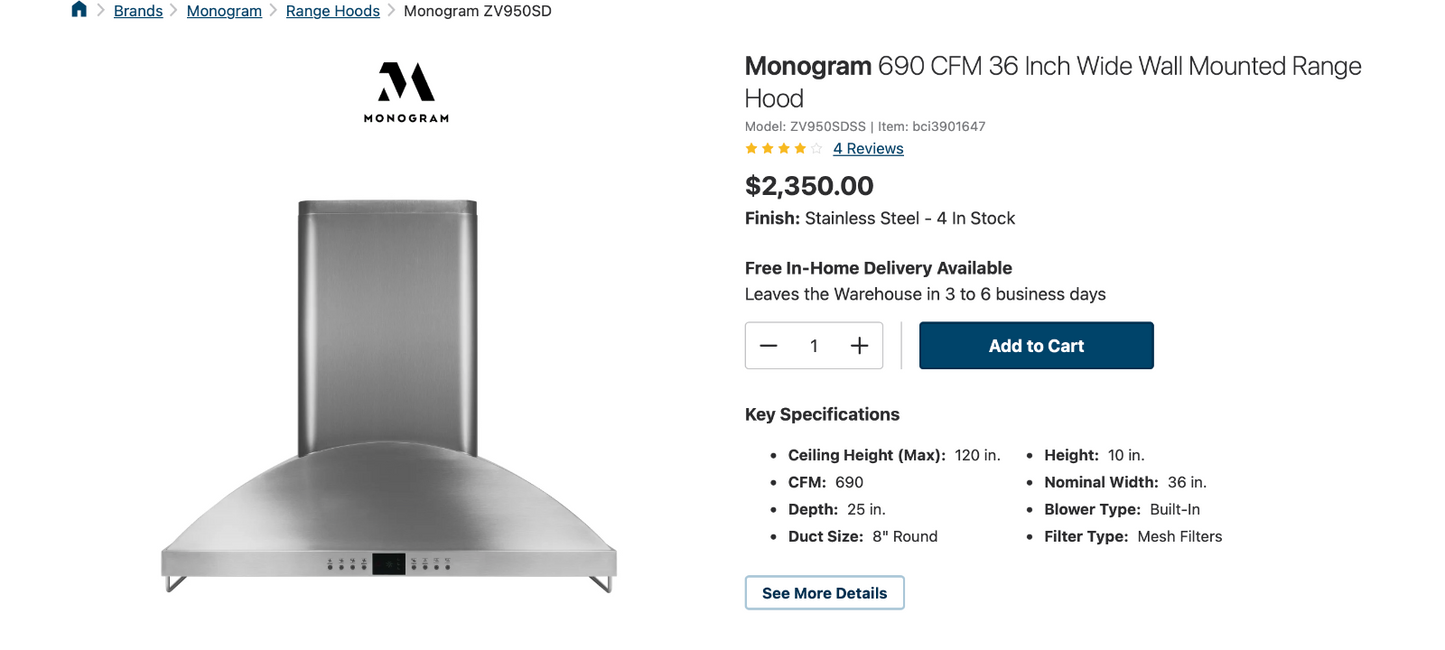 GE Monogram 36" Wall Mount Stainless Steel Chimney Range Hood - ZV950SDSS New