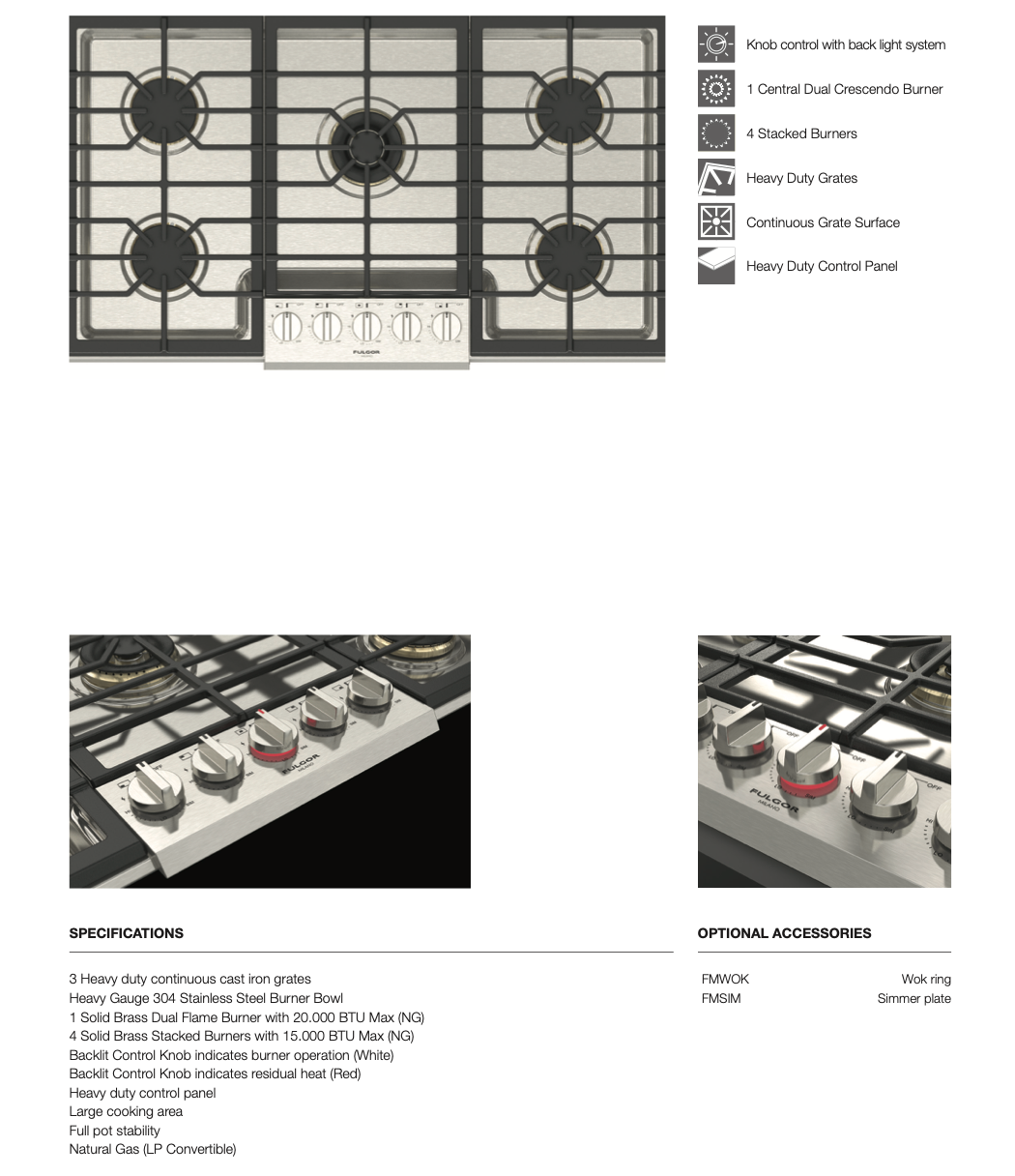 Fulgor Milano F6PGK365S1 36" Sofia Pro Gas Cooktop, 5 Brass Burners Free Ship!