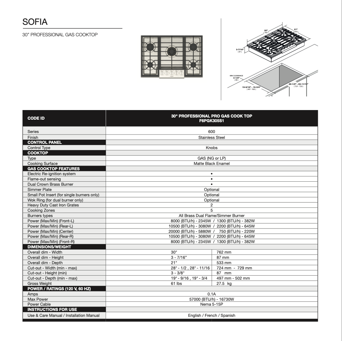 Fulgor Milano F6PGK305S2 30" Sofia Pro Gas Cooktop 5 Brass Burner Italy Free Shipping!