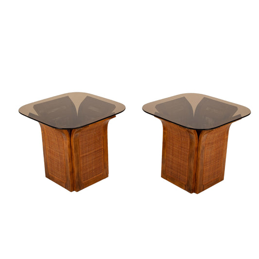 1960s Mid Century Modern Double Wicker Bentwood Side Tables with Smoked Glass Tops – Retro Boho Chic Vintage Accent End Tables