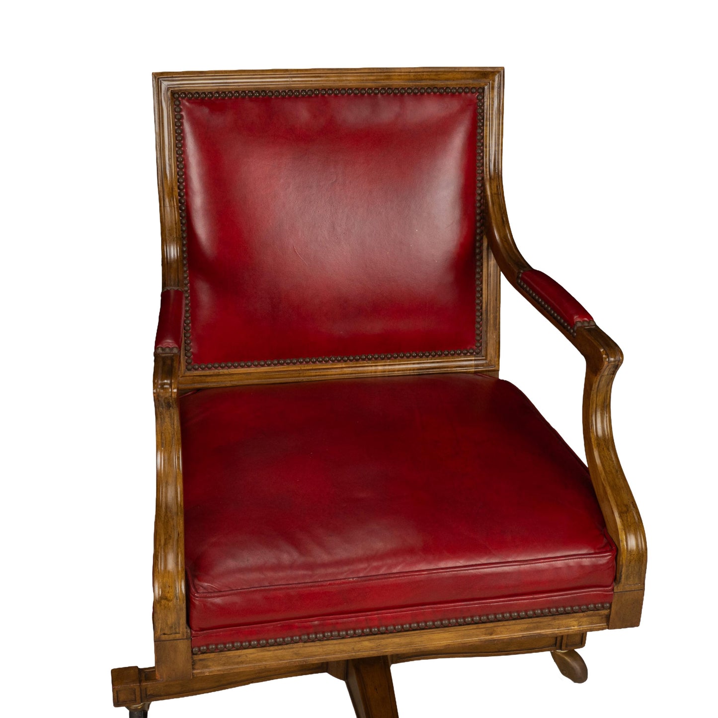 Pair of Baker Furniture Rolling Executive Chairs in Carved Wood & Burgundy Vinyl Upholstery