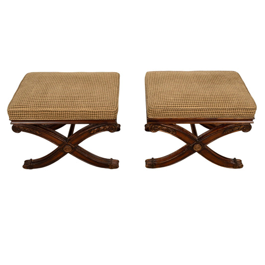 Ethan Allen Carved Wood X-Base Low Stools With Houndstooth Upholstery - A Pair