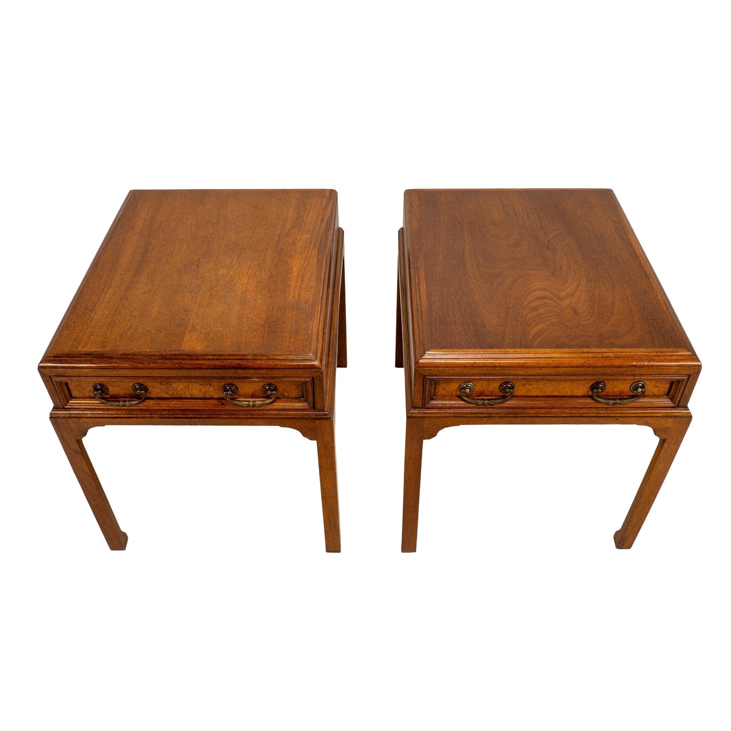 Vintage Burl Walnut Nightstands by Fine Arts Furniture With Brass Handles - A Pair