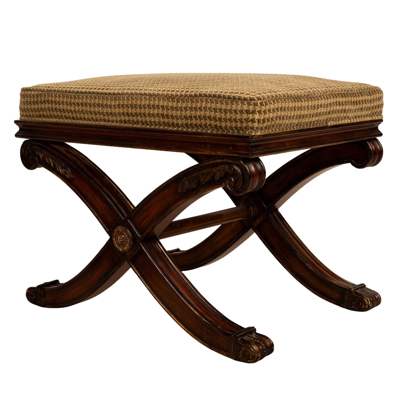 Ethan Allen Carved Wood X-Base Low Stools With Houndstooth Upholstery - A Pair