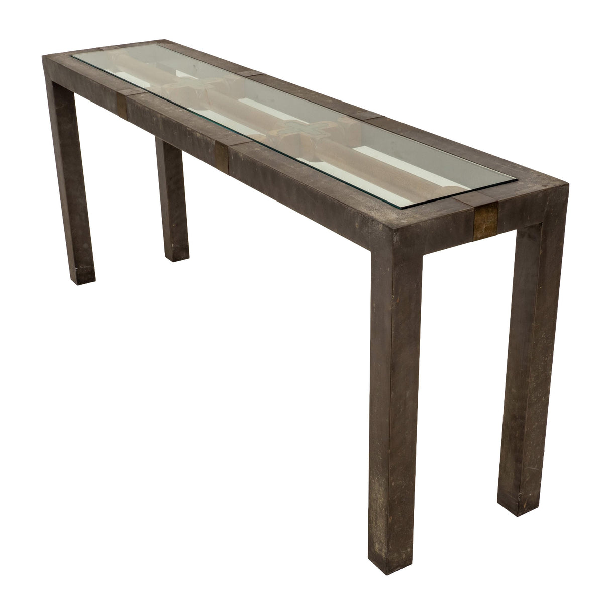 Vintage Brutalist Iron, Brass & Wood Console Table W/ Thick Beveled Glass Insert