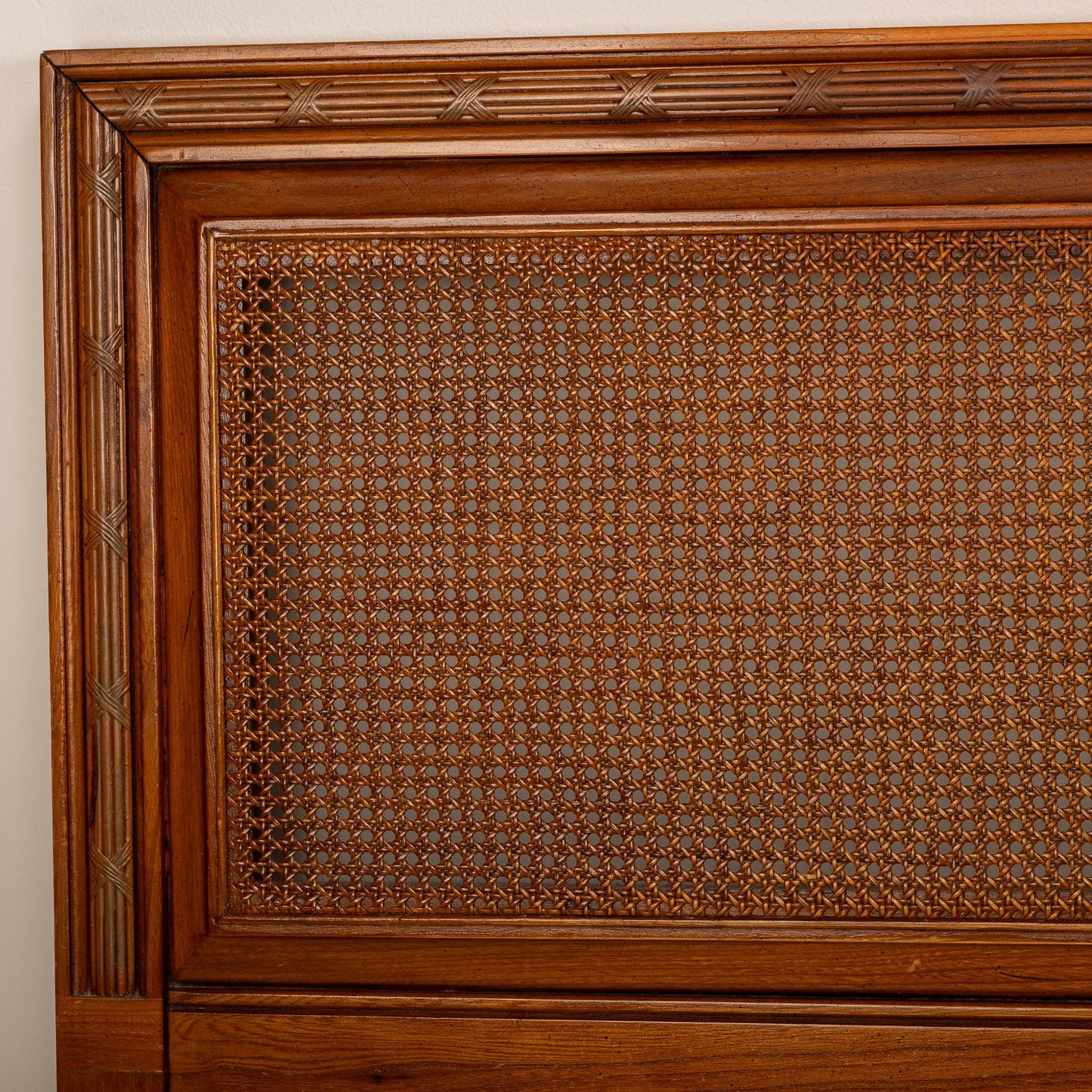 1970s French Regency Louis XVI Wood & Cane King Size Headboard - Gorgeous Detail Work, Wicker Back Caning, Unique Piece, USA Shipping Avail