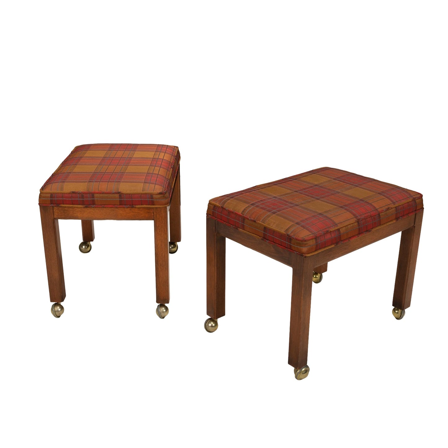 1960s Vintage Plaid Upholstered Rolling Stools Ottomans on Brass Casters | Mid Century Footstools Pair | Retro Accent Seating