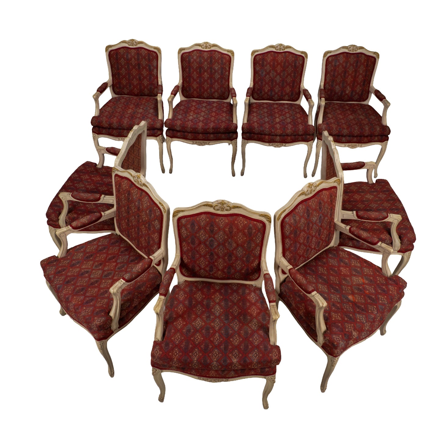 French Provincial Dining Chairs Louis XV Style White Frame Upholstered -Set of 9