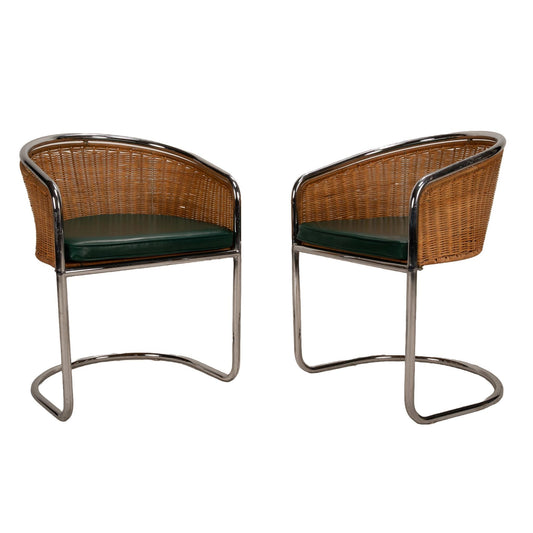 Harvey Probber Style Italian Cantilever Chrome and Wicker Dining Chairs - A Pair , Unique Pop Piece Tub Seats USA Shipping Available