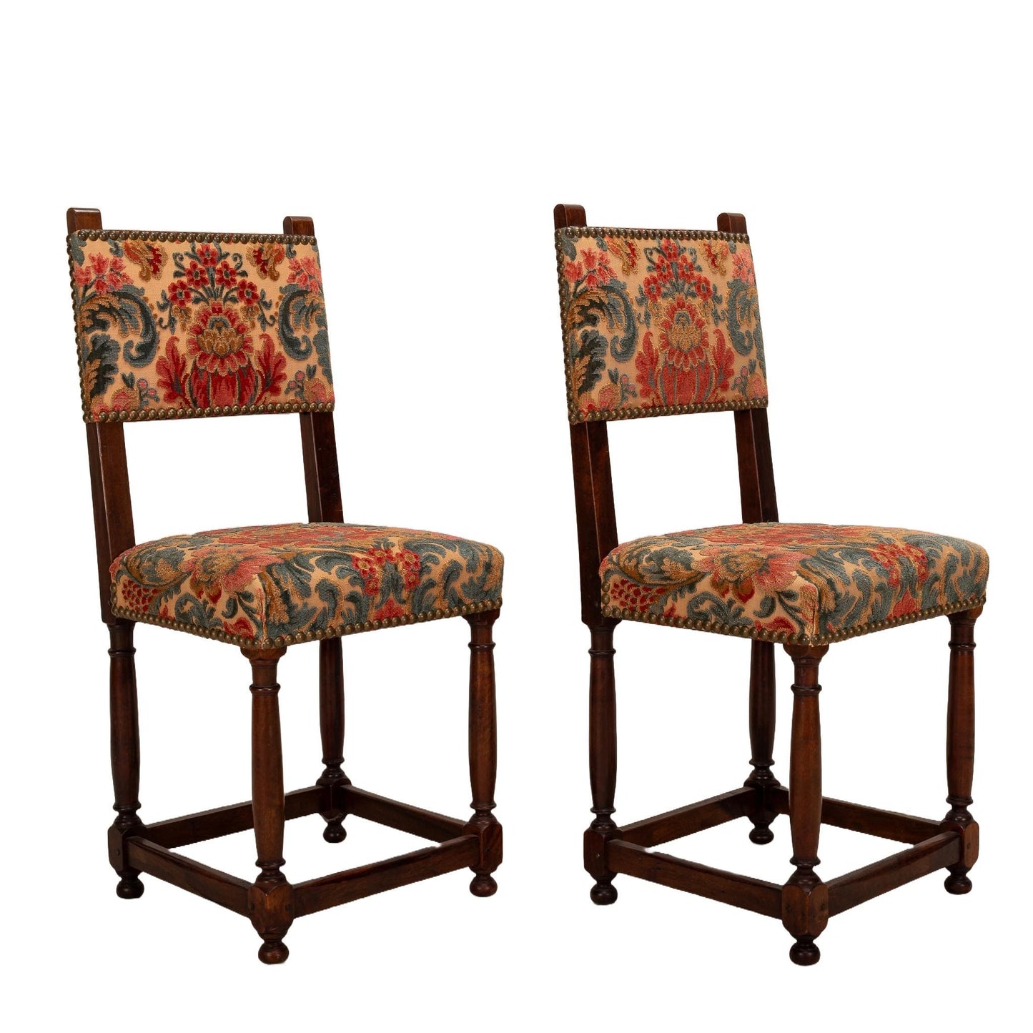 Antique French Walnut Baroque Cut Velvet Studded Floral Side Chairs - A Pair , Gorgeous French Antiques, High End Statement Piece