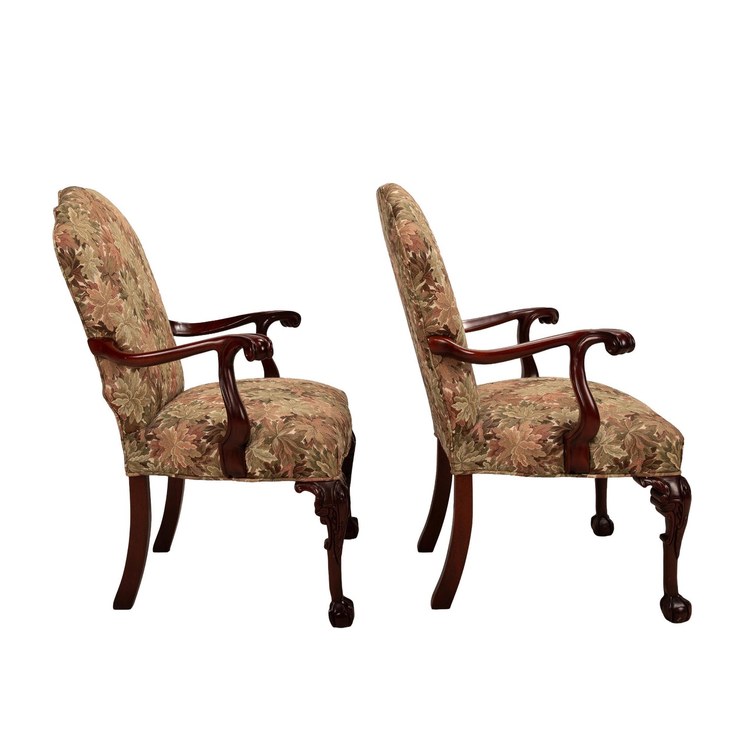 George II Revival Open Arm Floral Claw Footed Arm Chairs – Pair, Vintage Antique English Style Seating, Elegant Upholstered Chairs