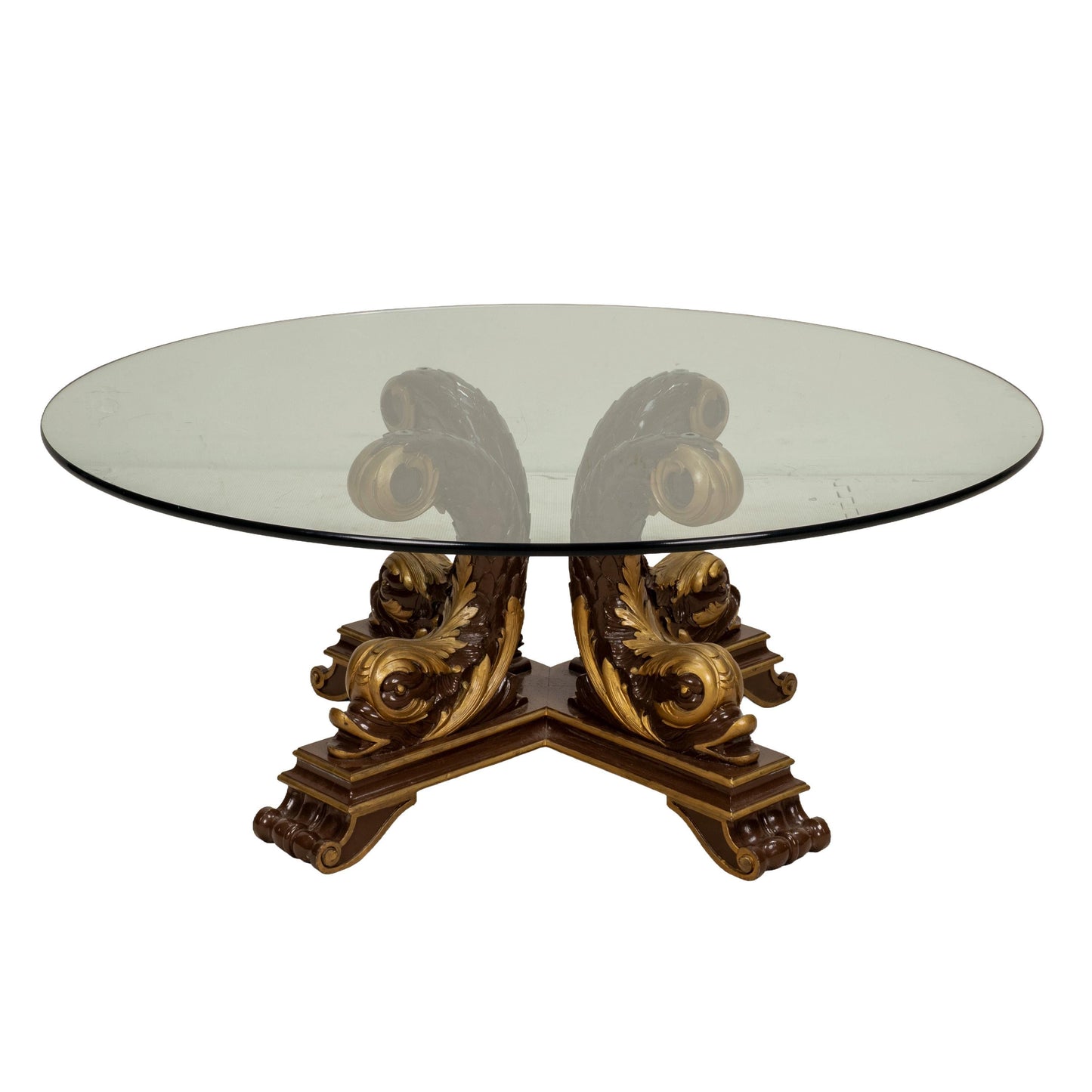 Italian Neoclassical Style Gilt Scroll Base Oval Glass Coffee Table Hollywood Regency