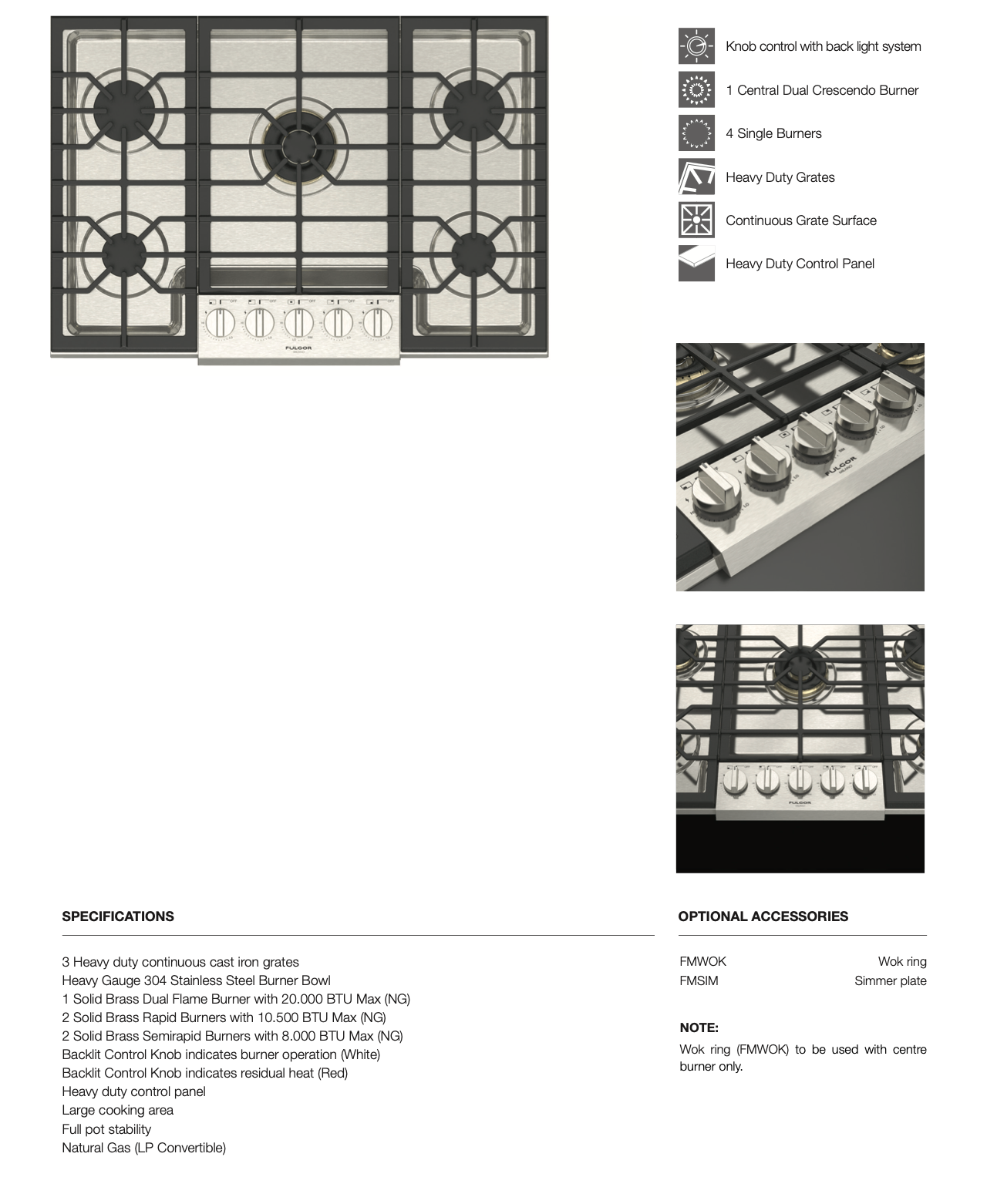 Fulgor Milano F6PGK305S2 30" Sofia Pro Gas Cooktop 5 Brass Burner Italy Free Shipping!