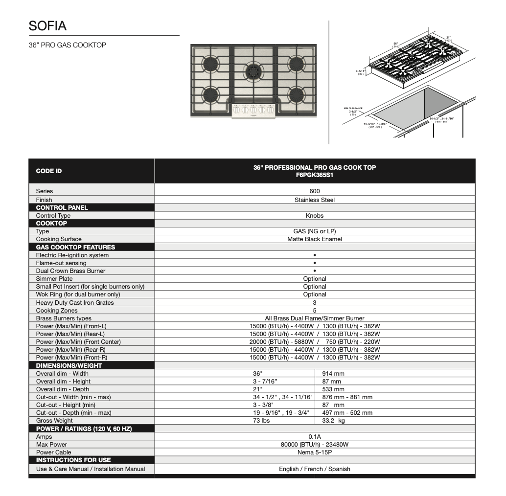 Fulgor Milano F6PGK365S1 36" Sofia Pro Gas Cooktop, 5 Brass Burners Free Ship!