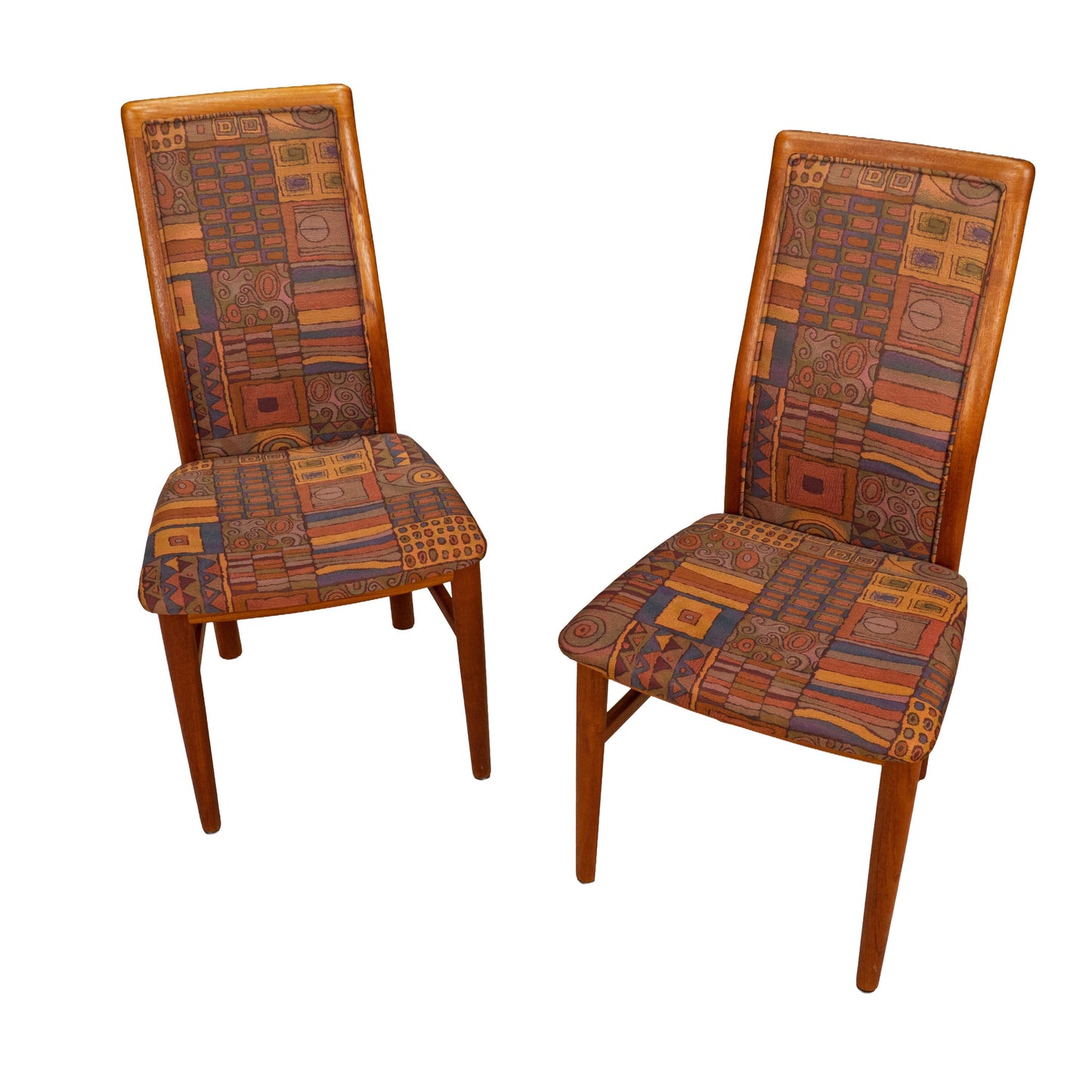 Pair Vintage Danish Teak Side Accent Chairs – Schou Andersen Denmark – Funky 80s Upholstery