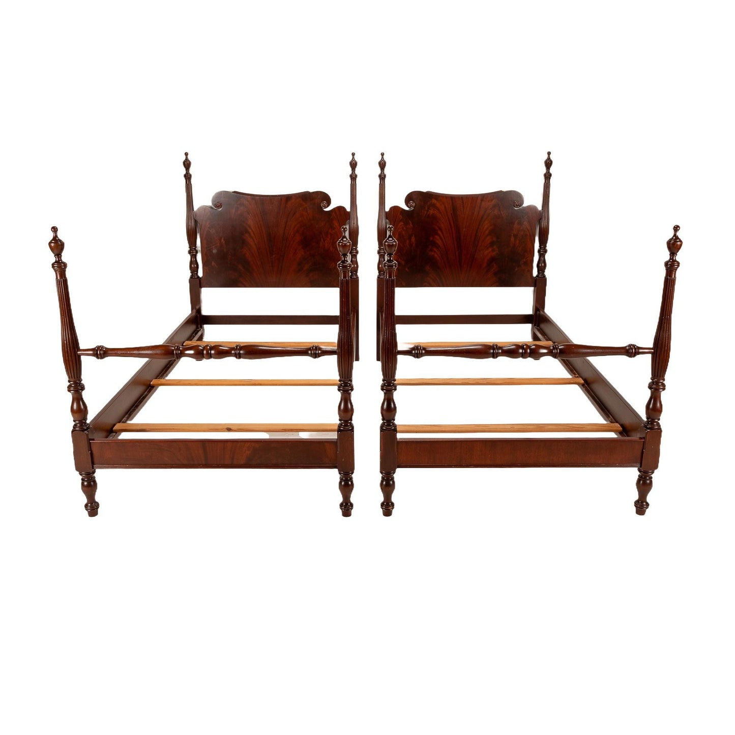 Outstanding Antique Flamed Mahogany 4 Poster Twin Bed Frames - a Pair , High End Antique Furniture, Late 1800s, Fantastic Burl Wood Pattern