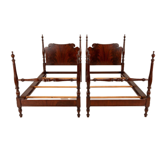 Outstanding Antique Flamed Mahogany 4 Poster Twin Bed Frames - a Pair , High End Antique Furniture, Late 1800s, Fantastic Burl Wood Pattern