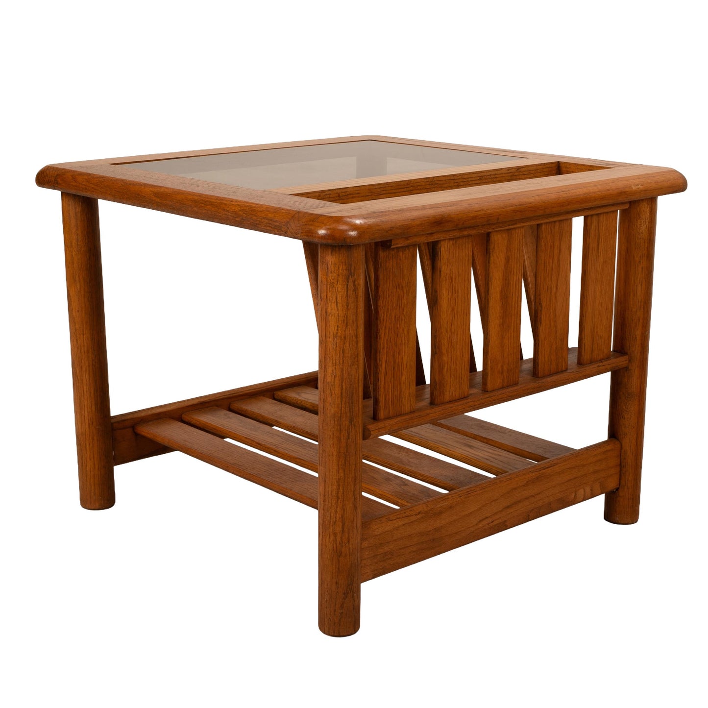 1970's Mersman Solid Oak & Smoked Glass End Tables / Magazine Tables - Set of Two