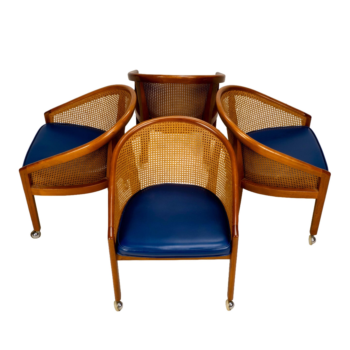 Set of 4 Bent Oak & Cane Tub Chairs on Casters W/ Royal Blue Cushions in the Manner of Ward Bennett