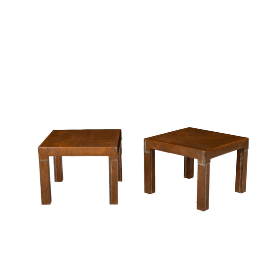 1970s Parsons Style Copper Clad Side Tables – Square Low Accent Tables Vintage Modern Brutalist 17x17x13.25 Inch – Pair