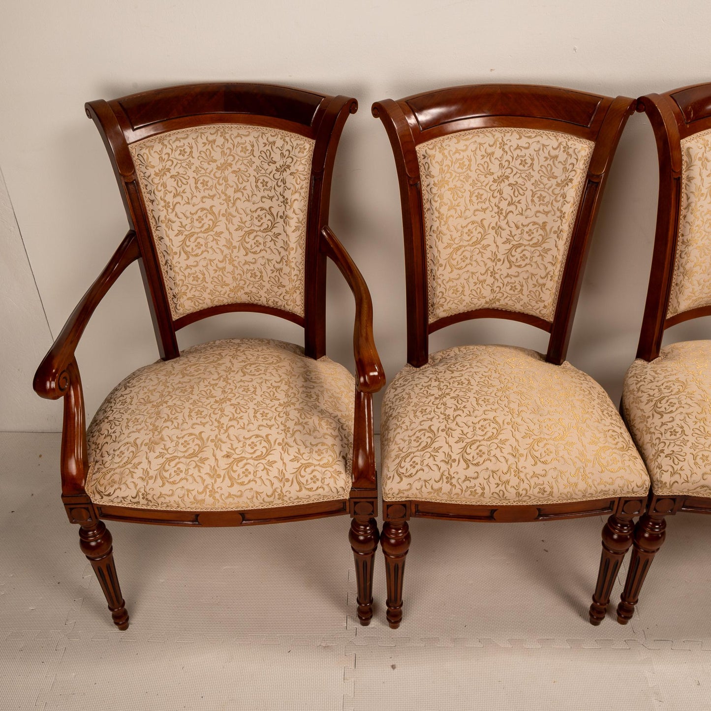 Exquisite French Neoclassic Style Carved Upholstered Dining Chairs - Set of 8 , High End Luxury Seating, Spring Seats, Mahogany Wood