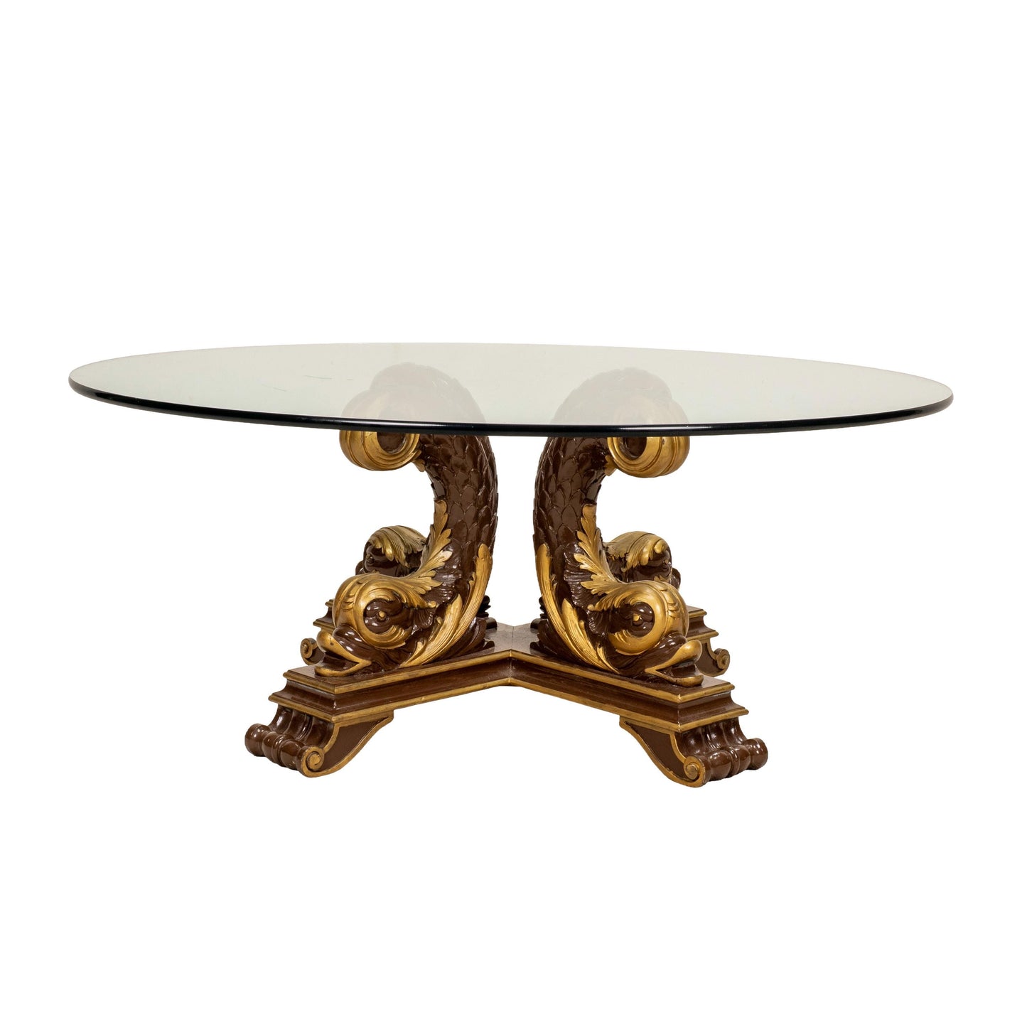 Italian Neoclassical Style Gilt Scroll Base Oval Glass Coffee Table Hollywood Regency