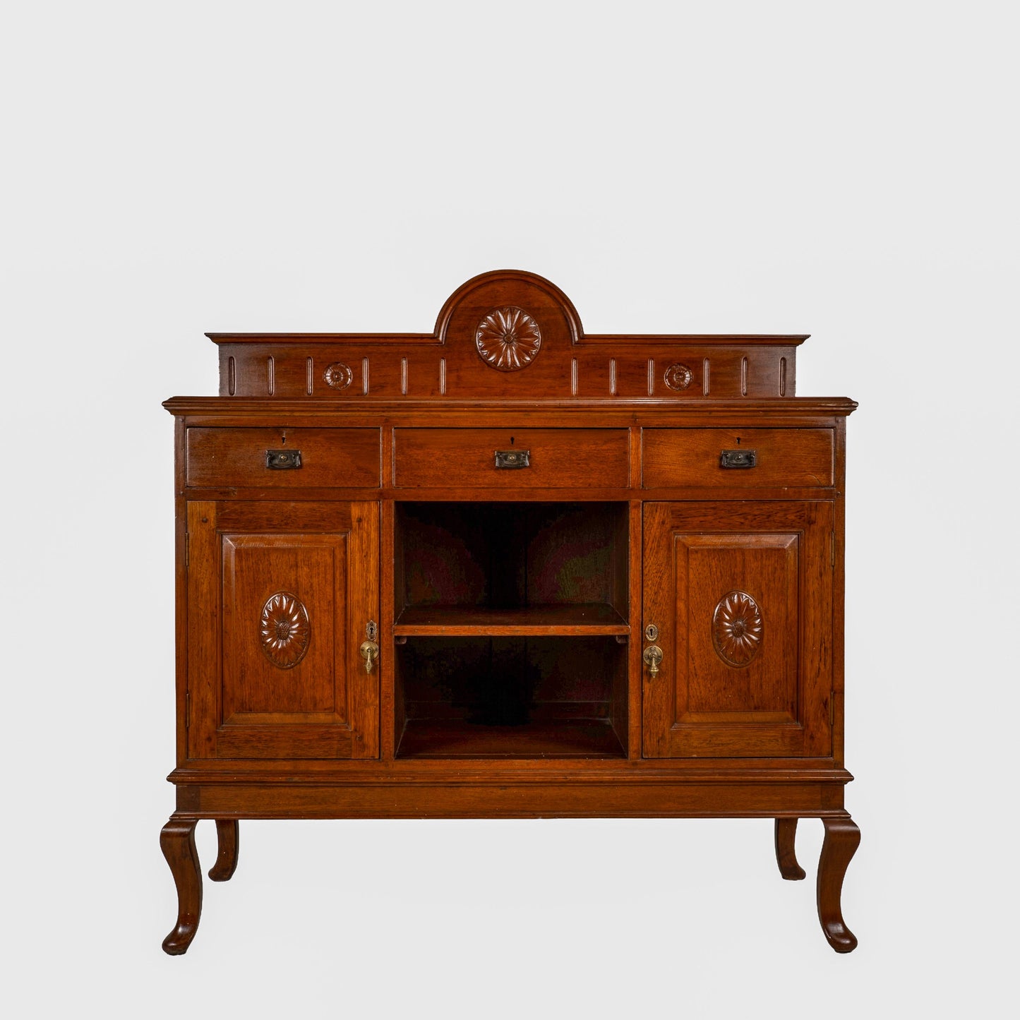 English Edwardian Oak Sideboard Buffet Server Carved Sunflower Motif Cabinet